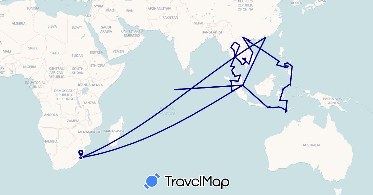 TravelMap itinerary: driving in Hong Kong, Indonesia, Cambodia, Laos, Maldives, Malaysia, Philippines, Singapore, Thailand, Vietnam, South Africa (Africa, Asia)