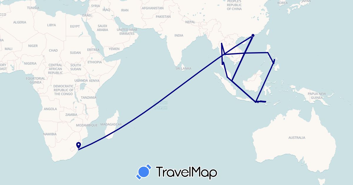 TravelMap itinerary: driving in China, Hong Kong, Indonesia, Malaysia, Philippines, Singapore, Thailand, South Africa (Africa, Asia)